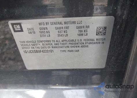 2015 Chevrolet Sonic Lt Auto z USA, uszkodzony, nr VIN 1G1JC6SB9F4220101